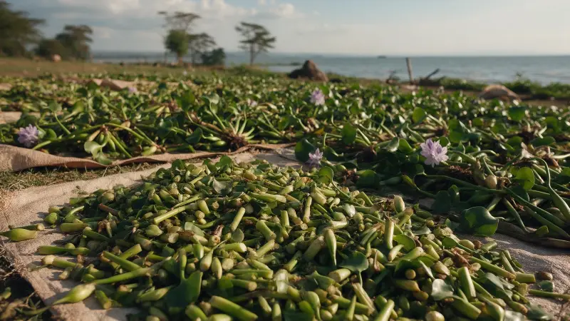 Harvested water hyacinth drying in the sun (AI illustration)